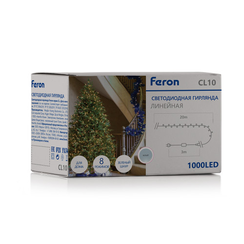 Светодиодная гирлянда Кластер Feron CL10 линейная 20м + 3м 230V 5000К, c питанием от сети, зеленый шнур Светодиодная гирлянда Кластер Feron CL10 линейная 20м + 3м 230V 5000К, c питанием от сети, зеленый шнур