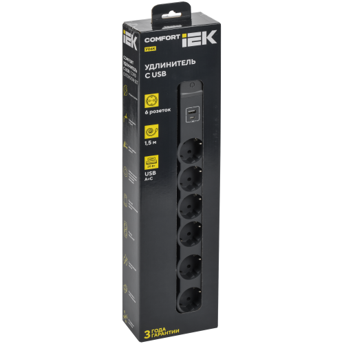 COMFORT Удлинитель У06К 6 мест 2P+PE 1,5м 3х1,5мм2 16А USB A+C 20Вт черный IEK