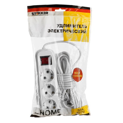 Удлинитель трехместный с/з с выключателем STEKKER HM03-31-05 3x0,75, 5м, серия Home (У10А-002), белый