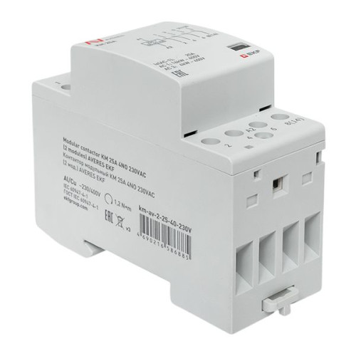Контактор модульный КМ 25А 4NO 230В АС (2 мод.) AVERES EKF Контактор модульный КМ 25А 4NO 230В АС (2 мод.) AVERES EKF