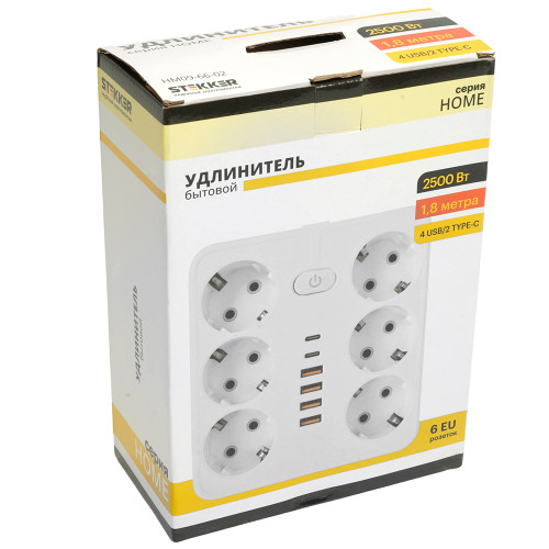 Удлинитель 6-местный c/з 3x1 мм2, 1,8 м, 250В, 10А, 4USB+2Type-C 2,4А, серия Home plus, белый STEKKER HM09-66-02 Удлинитель 6-местный c/з 3x1 мм2, 1,8 м, 250В, 10А, 4USB+2Type-C 2,4А, серия Home plus, белый STEKKER HM09-66-02