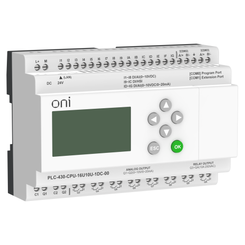 ПЛК 430 Модуль ЦПУ 4 DI 12 UI (0-10 В/DI) 8 RO 2 AO (1 шт 0-10 В и 1 шт 0-20 мА) 24В DC с Ethernet портом с экраном ONI