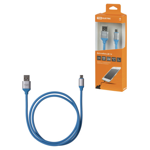 Дата-кабель, ДК 16, USB - micro USB, 1 м, силиконовая оплетка, голубой, TDM