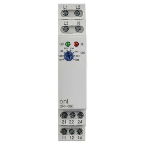 Реле контроля фаз ORF-08D 3 фазы 2 контакта 127-265В AC с контролем нейтрали ONI Реле контроля фаз ORF-08D 3 фазы 2 контакта 127-265В AC с контролем нейтрали ONI