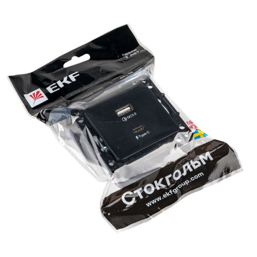 Стокгольм Механизм Розетки с 2USB type-A + type-C черный EKF Стокгольм Механизм Розетки с 2USB type-A + type-C черный EKF