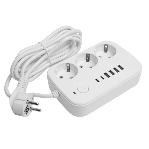 Удлинитель 3-местный c/з 3x1 мм2, 3 м, 250В, 10А, 4USB+2Type-C 2,4А, серия Home plus, белый STEKKER HM09-36-02 Удлинитель 3-местный c/з 3x1 мм2, 3 м, 250В, 10А, 4USB+2Type-C 2,4А, серия Home plus, белый STEKKER HM09-36-02