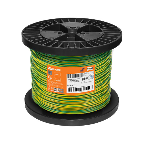 Провод ПуГВ 1х10,0 ГОСТ на катушке (50м), желто-зеленый TDM Провод ПуГВ 1х10,0 ГОСТ на катушке (50м), желто-зеленый TDM