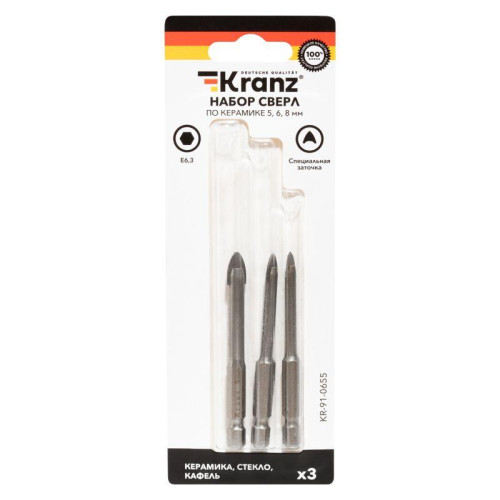 Набор сверл по керамической плитке 5-6-8мм шестигранный хвостовик Kranz KR-91-0655 Набор сверл по керамической плитке 5-6-8мм шестигранный хвостовик Kranz KR-91-0655