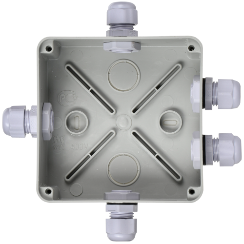 Коробка распаячная КМ41330 для открытой проводки безгалогенная (HF) 100х100х50мм IP55 5 гермовводов PG9 серая IEK