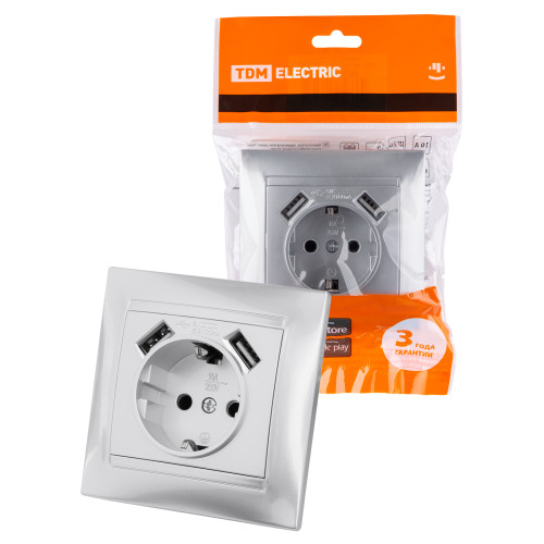 Розетка 2П+З 16А 250В + 2 USB порта 2,1А 5В металлик Розетка 2П+З 16А 250В + 2 USB порта 2,1А 5В металлик