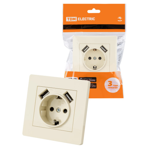 Розетка 2П+З 16А 250В + 2 USB порта 2,1А 5В сл. кость Розетка 2П+З 16А 250В + 2 USB порта 2,1А 5В сл. кость