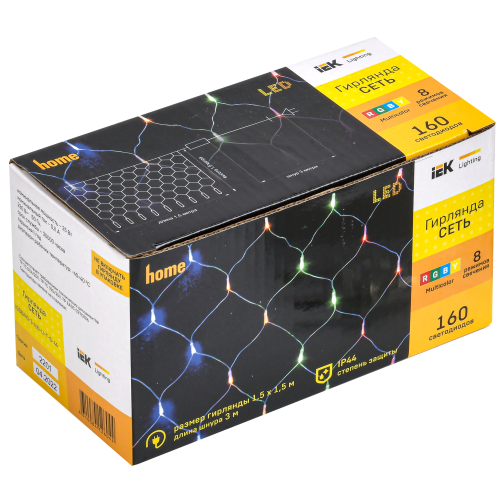 Гирлянда сеть 1,5х1,5м 160 светодиодов RGB IP20 прозрачный шнур 3м 230В контроллер 8 сцен IEK Гирлянда сеть 1,5х1,5м 160 светодиодов RGB IP20 прозрачный шнур 3м 230В контроллер 8 сцен IEK