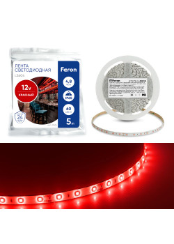 Светодиодная LED лента Feron LS604, 60SMD(2835)/m 4.8W/m 12V IP65 5m красный