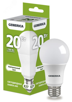 Лампа светодиодная A60 груша 20Вт 230В 4000К E27 GENERICA