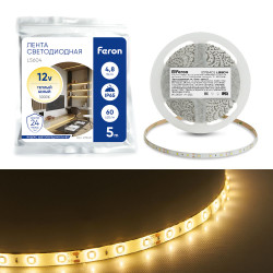 Светодиодная LED лента Feron LS604, 60SMD(2835)/m 4.8W/m 12V IP65 5m, 3000К