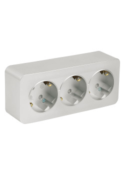 Розетка 3-местная с/з открытой установки, STEKKER, 250В, 16А, IP20, серия София, серебро, MST16-13-03