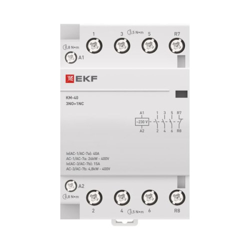 Контактор модульный КМ 40А 3NO+1NC 230В АС (3 мод.) PROXIMA EKF Контактор модульный КМ 40А 3NO+1NC 230В АС (3 мод.) PROXIMA EKF