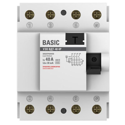 ВДТ ВДТ-40 4P 40А 30мА тип АС эл. 4,5кА BASIC ВДТ ВДТ-40 4P 40А 30мА тип АС эл. 4,5кА BASIC