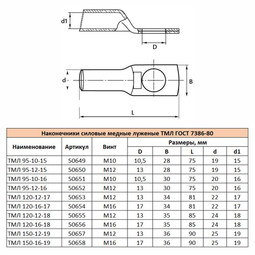 LD-TML-120-16-17 Наконечник медный луженый ТМЛ 120-16-17 ГОСТ 7386-80