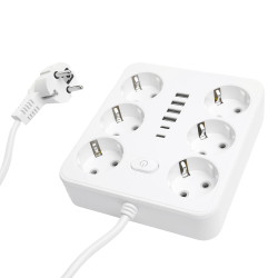 Удлинитель 6-местный c/з 3x1 мм2, 1,8 м, 250В, 10А, 4USB+2Type-C 2,4А, серия Home plus, белый STEKKER HM09-66-02