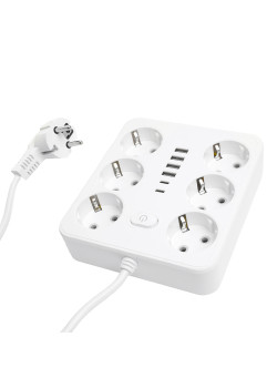 Удлинитель 6-местный c/з 3x1 мм2, 1,8 м, 250В, 10А, 4USB+2Type-C 2,4А, серия Home plus, белый STEKKER HM09-66-02