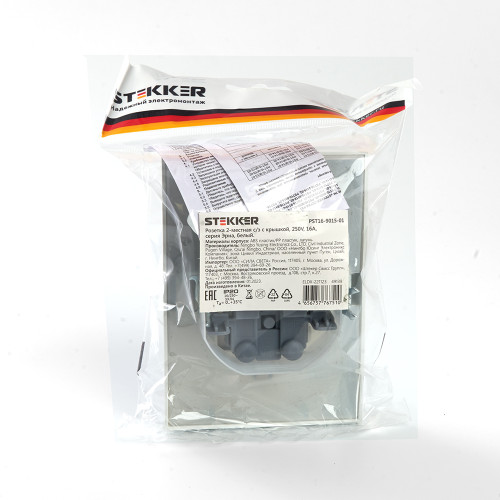 Розетка 2-местная с/з с крышкой, STEKKER, PST16-9015-01, 250В, 16А, серия Эрна, белый Розетка 2-местная с/з с крышкой, STEKKER, PST16-9015-01, 250В, 16А, серия Эрна, белый