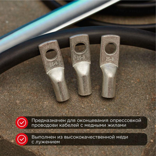 Наконечник медный луженый ТМЛ 25кв.мм 25-8-7 d8мм ГОСТ 7386-80 (уп.10шт) Rexant 07-5313-3 Наконечник медный луженый ТМЛ 25кв.мм 25-8-7 d8мм ГОСТ 7386-80 (уп.10шт) Rexant 07-5313-3