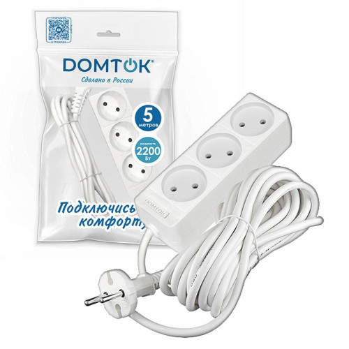 Удлинитель 3х5м без заземл. 10А IP20 2.2кВт ПВС 2х0.75 бел. DOMTOK 2372 Удлинитель 3х5м без заземл. 10А IP20 2.2кВт ПВС 2х0.75 бел. DOMTOK 2372