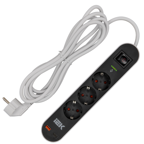 Фильтр сетевой СФ-03К 16А USB A+C 20Вт 3м 3х1,5мм2 черный IEK