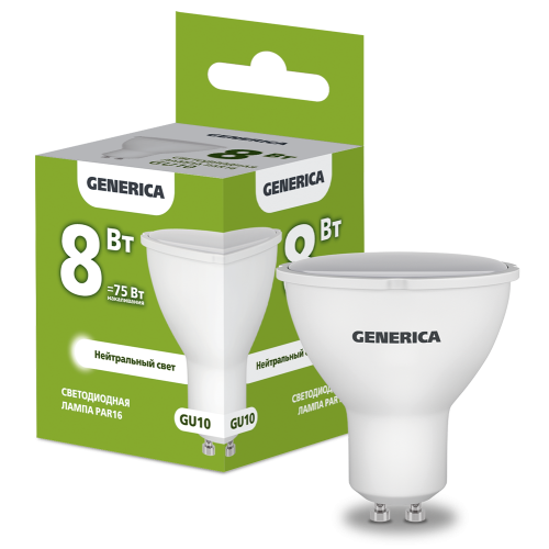 Лампа светодиодная PAR16 софит 8Вт 230В 4000К GU10 GENERICA