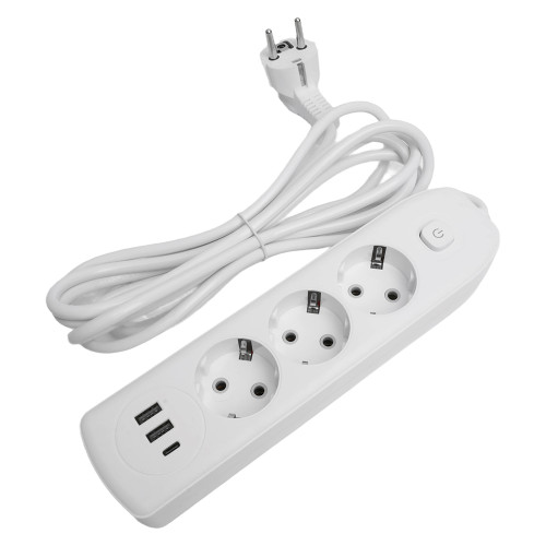 Удлинитель 3-местный c/з 3x1 мм2, 1,8 м, 250В, 10А, 2USB+1Type-C 2,4А, серия Home plus, белый STEKKER HM08-33-02 Удлинитель 3-местный c/з 3x1 мм2, 1,8 м, 250В, 10А, 2USB+1Type-C 2,4А, серия Home plus, белый STEKKER HM08-33-02