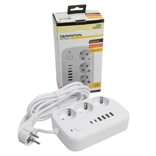 Удлинитель 3-местный c/з 3x1 мм2, 3 м, 250В, 10А, 4USB+2Type-C 2,4А, серия Home plus, белый STEKKER HM09-36-02 Удлинитель 3-местный c/з 3x1 мм2, 3 м, 250В, 10А, 4USB+2Type-C 2,4А, серия Home plus, белый STEKKER HM09-36-02