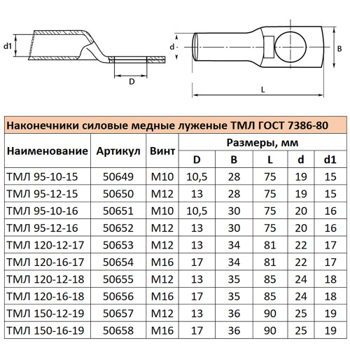 LD-TML-95-10-15 Наконечник медный луженый ТМЛ 95-10-15 ГОСТ 7386-80