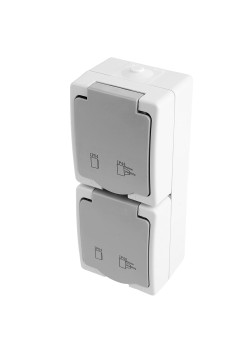 Розетка 2-местная с крышкой с/з STEKKER PST16-22-54V, пластик АВS, 250В, 16А, IP54,  белый/серый