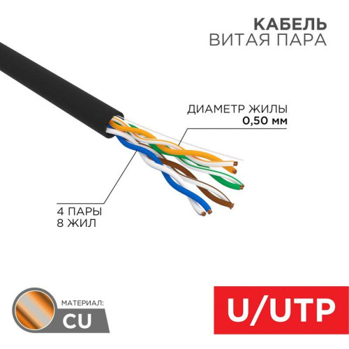 Кабель витая пара U/UTP кат.5E 4х2х24AWG solid CU PE Outdoor черн. (м) Rexant 01-0045 Кабель витая пара U/UTP кат.5E 4х2х24AWG solid CU PE Outdoor черн. (м) Rexant 01-0045