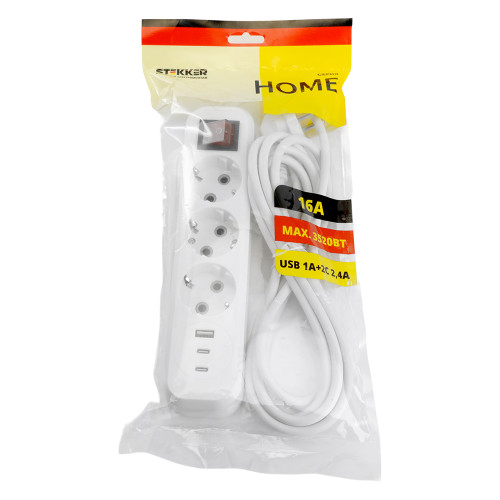 Удлинитель 3-местный с/з с выключ. STEKKER HM071-31-03 3x1мм2, 3м, 250В, 16А, 1USB+2C, 2.4A, сер Home, белый