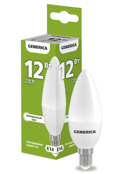 Лампа светодиодная C35 свеча 12Вт 230В 4000К E14 GENERICA