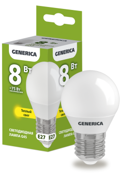 Лампа светодиодная G45 шар 8Вт 230В 3000К E27 GENERICA