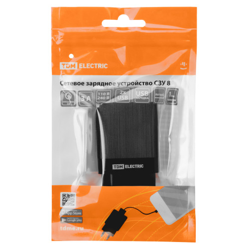 Сетевое зарядное устройство, СЗУ 8, Quick Charge 3.0, 3 А, 2 USB, черный, TDM