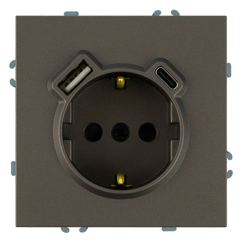 Розетка 1-местная з/ш с/з 16А + USB + Type C (механизм), STEKKER, 250В, 20W, серия Эмили, RST16-5119-09, антрацит, soft touch