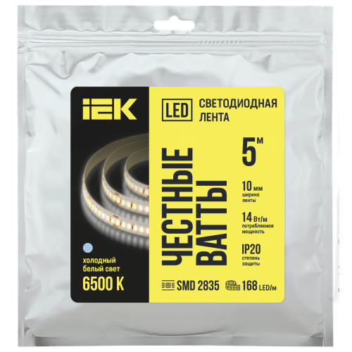 Лента светодиодная 5м SMD2835 168LED/м 14Вт/м IP20 ширина 10мм 24В холодный белый IEK