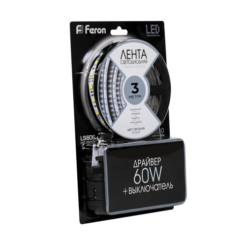 Светодиодная LED лента Feron LS606, 60SMD(5050)/m 14.4W/m 12V 3m 6500К с адаптером с вилкой в комплекте