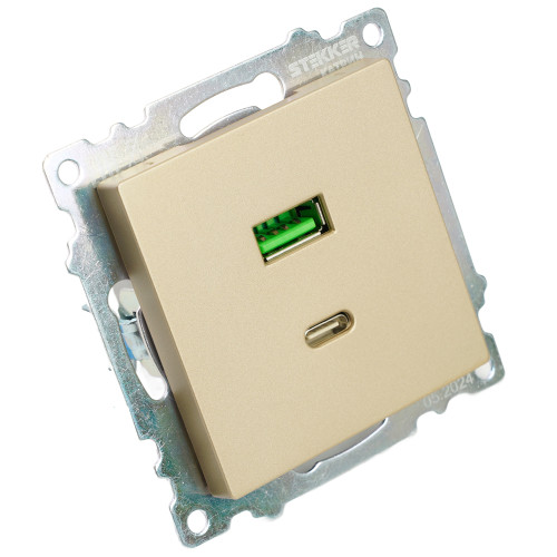 Розетка 2-местная USB + type C (механизм), 250В, 3А, max 20W, STEKKER, GLS10-7116-08, серия Катрин, золото Розетка 2-местная USB + type C (механизм), 250В, 3А, max 20W, STEKKER, GLS10-7116-08, серия Катрин, золото