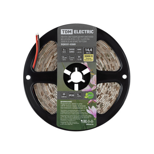 Лента светодиодная SMD5050-60 LED/м-IP20-12 В-14,4 Вт/м-3000 К (5 м) блистер TDM Лента светодиодная SMD5050-60 LED/м-IP20-12 В-14,4 Вт/м-3000 К (5 м) блистер TDM