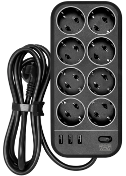 Фильтр-удлинитель PowerCom SP-08 USB03AB 3.0M, 8 розеток, черный, 16А, 4кВт, 175Дж, 3*USB, защитные шторки, защита от КЗ, перегрузки, ВЧ и импульсных помех, кабель 3x1 мм2, ШхГхВ 230х105х45 мм, вес 0.68 кг./ Surge protector PowerCom SP-08 USB03AB 3.0M, 8 