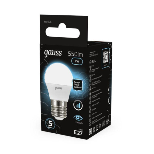 Лампа светодиодная Black 7Вт P45 шар 4100К нейтр. бел. E27 550лм шаг. диммир. GAUSS 105102207-S
