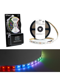 Светодиодная LED лента Feron LS606, 60SMD(5050)/m 14.4W/m 12V 5m RGB c адаптером с вилкой, контроллером с пультом в комплекте