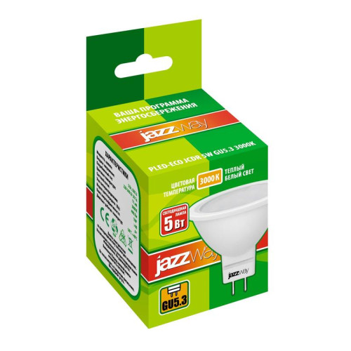 Лампа светодиодная PLED-ECO 5Вт JCDR MR16 3000К тепл. бел. GU5.3 400лм 220-240В JazzWay 1037077A Лампа светодиодная PLED-ECO 5Вт JCDR MR16 3000К тепл. бел. GU5.3 400лм 220-240В JazzWay 1037077A