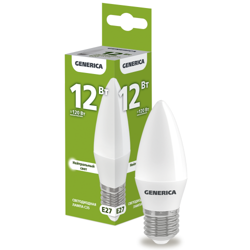 Лампа светодиодная C35 свеча 12Вт 230В 4000К E27 GENERICA