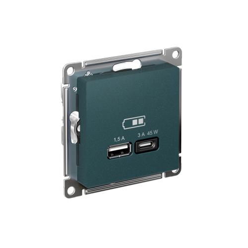 ATLASDESIGN USB РОЗЕТКА A + тип-C 45Вт высокоскор.заряд. QC, PD, механизм, ИЗУМРУД